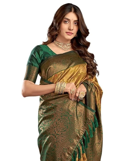 Vasthrlay Kanjivaram Banarasi Unstitched Yellow Saree