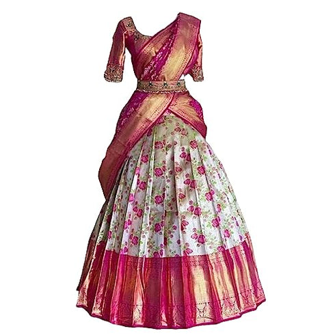 Vasthrlay Renvaani Fashion Kanjivaram Silk Half Saree Set With Dupatta - Pink Flower