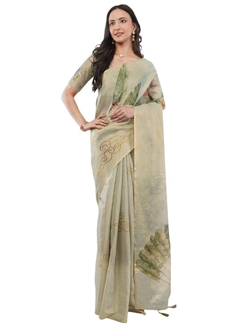 Vasthrlay Green Floral And Solid Design Polyester Saree With Unstitched Blouse Piece
