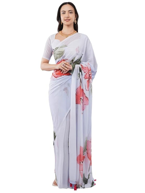Vasthrlay Off White3 Floral Printed Gerogette Saree With Zari Pallu And Unstitched Blouse Piece