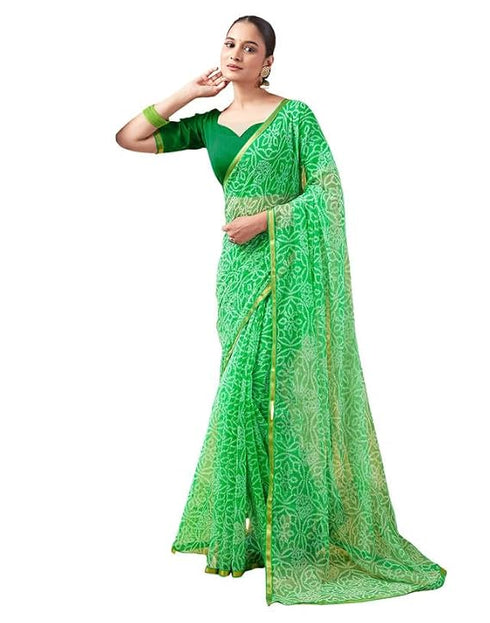 Vasthrlay Chiffon Bandhani Green Saree With Unstitched Blouse Piece