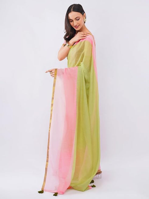 Vasthrlay Green And Pink Striped Printed Linen Saree With Pink Solid Linen Unstitched Blouse Piece