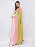 Vasthrlay Womens Green And Pink Striped Printed Linen Saree With Pink Solid Linen Unstitched Blouse Piece Featuring Bold Horizontal Colorblock Patterns And Zari Border
