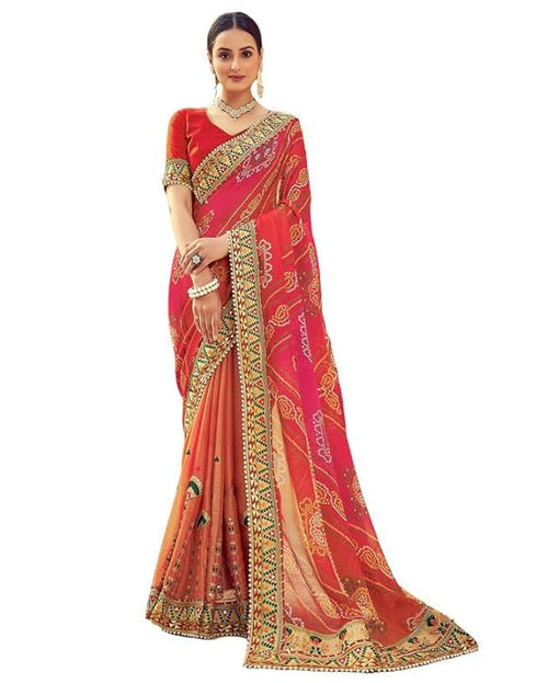 Vasthrlay Bandhani Embroidery Unstitched Red Saree
