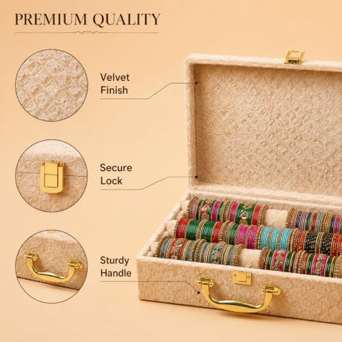 Bubs Spun Bangle Organizer Box for Women 3 Rod Bridal Chudi Storage with Handle & Lock Premium Velvet Beige