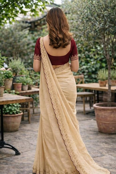 Vasthrlay Designer Georgette Embroidered Cream Saree With Heavy Sequins Border