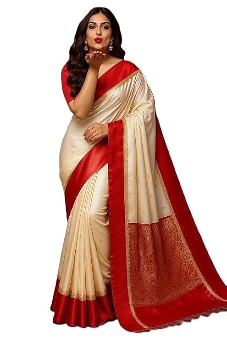 Vasthrlay Red Cream Bengali Gorod Sarees For Women Durga Puja Garad Silk Banarasi Kanjivaram Goroder Lal Border Sari