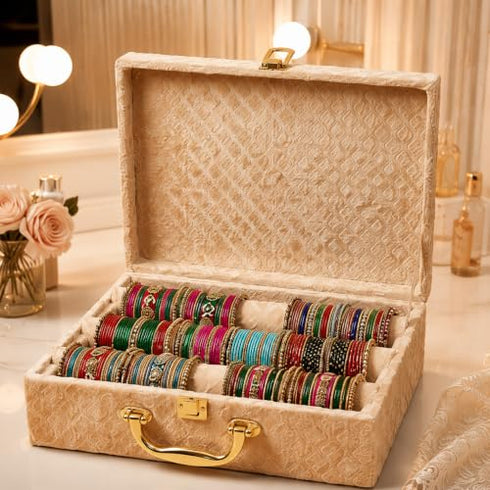Bubs Spun Bangle Organizer Box for Women 3 Rod Bridal Chudi Storage with Handle & Lock Premium Velvet Beige