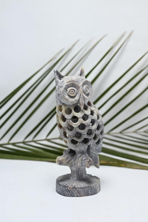 Natural Soapstone Owl Sculpture Hand Carved Jali Work Showpiece Figurine