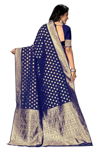 Vasthrlay Cotton Banarasi Silk Blue Saree With Unstitched Blouse Piece