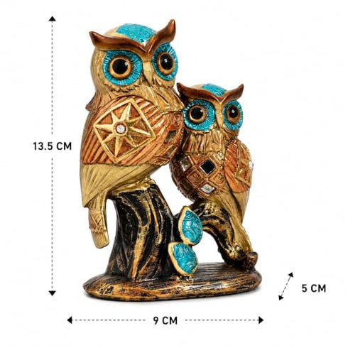 Decorative Owl Pair Figurine Showpiece Gold & Teal Resin Owl Statue Set with Geometric Design