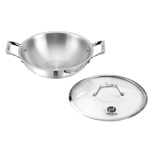 Healux 28cm Tiana Triply Wok with Glass Lid - 3.5L