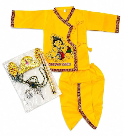 PK HUB Kid's Cotton Yellow Krishna Style Kurta Dhoti Dress Set with Bansuri, Mukut & Patka