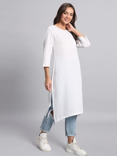 Vasthrlay Women's Solid White Cotton Blend Straight Kurta