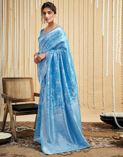 Vasthrlay Banarasi Jacquard Soft Silk Kanjeevaram Blue Saree With Unstitched Blouse Piece
