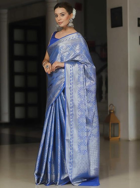 Vasthrlay Blue Banarasi Traditional Unstitched Saree