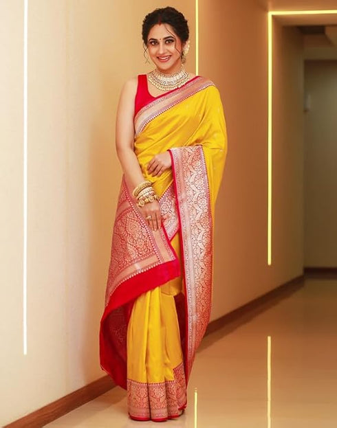 Vasthrlay Womens Kanjivaram Unstitched Yellow Saree