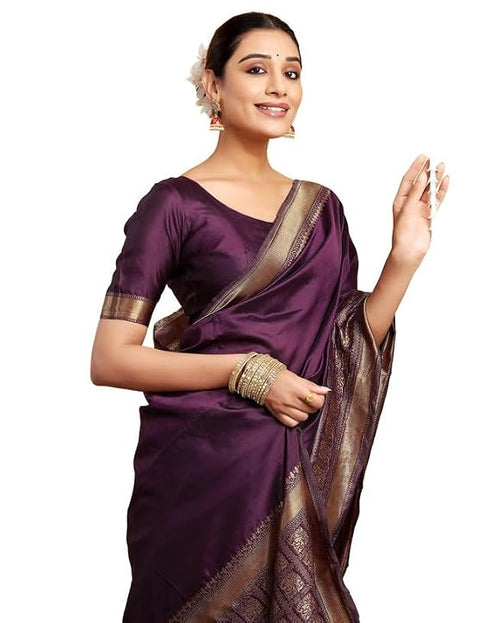 Vasthrlay Womens Banarasi Wine Saree With Unstitched Blouse Piece