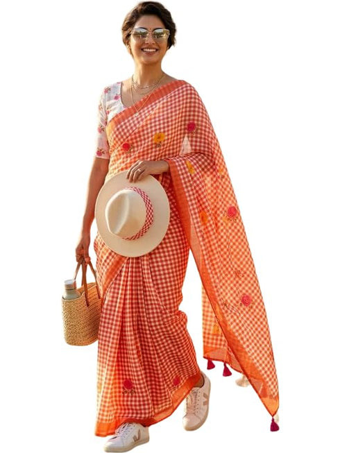 Vasthrlay Checked Pattern Tassels Unstitched