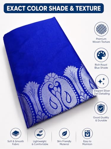 Vasthrlay Banarasi Satin Jacquard Handloom Blue Saree Kanjivaram V Neck
