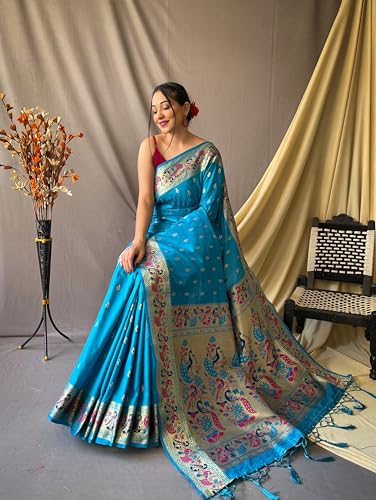 Vasthrlay Paithani Soft Lichi Silk Kanjivaram Blue Saree With Blouse Piece
