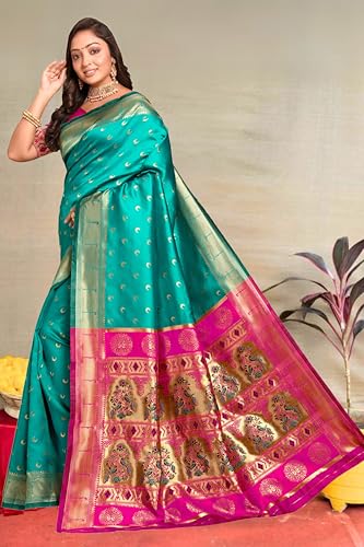 Vasthrlay Kanjivaram Chand Paithani Green Red Saree With Blouse Piece