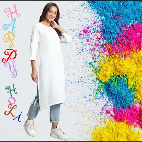 Vasthrlay Women's Solid White Cotton Blend Straight Kurta