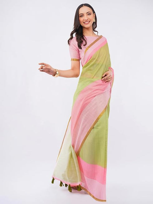 Vasthrlay Womens Green And Pink Striped Printed Linen Saree With Pink Solid Linen Unstitched Blouse Piece Featuring Bold Horizontal Colorblock Patterns And Zari Border