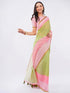Vasthrlay Womens Green And Pink Striped Printed Linen Saree With Pink Solid Linen Unstitched Blouse Piece Featuring Bold Horizontal Colorblock Patterns And Zari Border