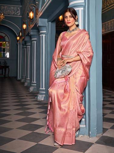 Vasthrlay Womens Kanjivaram Silk Pink Saree With Zari Woven With Blouse Piece