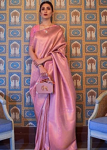 Vasthrlay Womens Kanjivaram Silk Pink Saree With Zari Woven Saree With Blouse Piece
