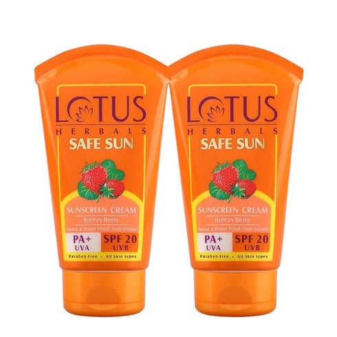 Lotus Herbals Safe Sun Sunscreen Cream - Breezy Berry SPF 20 PA+| Sweat & Waterproof Non-Greasy| Berry extract| | All skin types|50g (Pack Of 2)