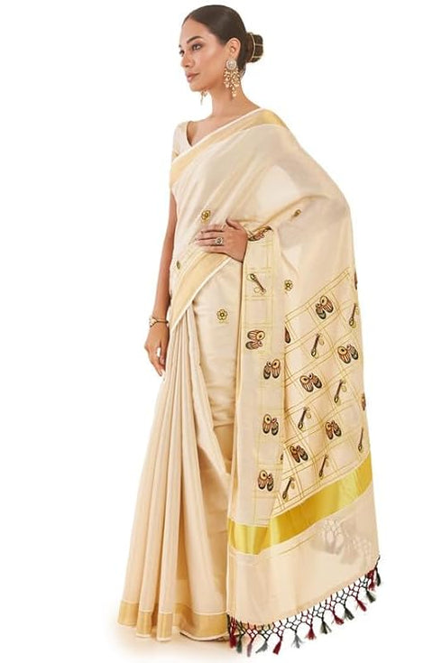 Vasthrlay Tissue Kasavu Embroidered Ethnic Motifs