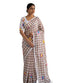 Vasthrlay Linen Saree Brown and White Checks with Floral Print |Tassel Border And Cotton Lace
