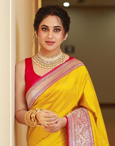 Vasthrlay Womens Kanjivaram Unstitched Yellow Saree