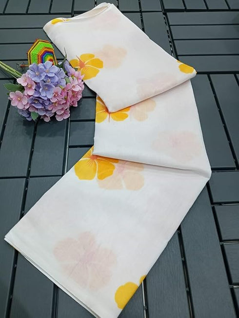Vasthrlay White Yellow Floral Lightweight