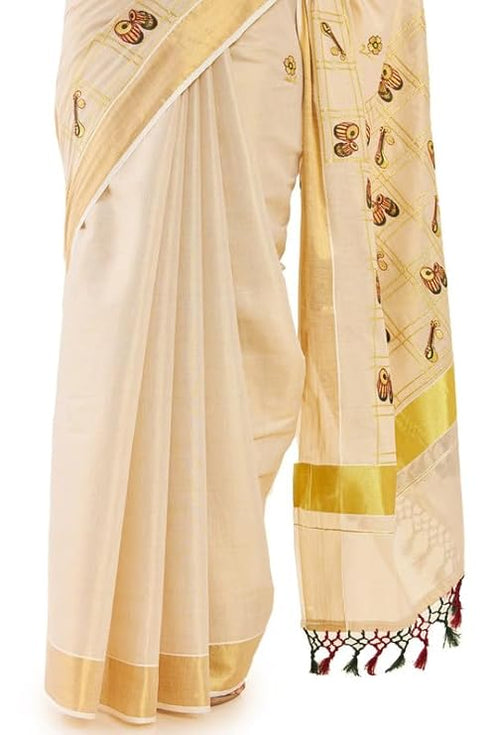 Vasthrlay Tissue Kasavu Embroidered Ethnic Motifs