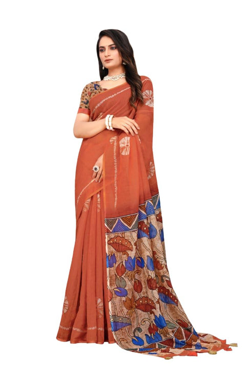 Vasthrlay Pure Linen Cotton Orange Saree with Kalamkari Print Border