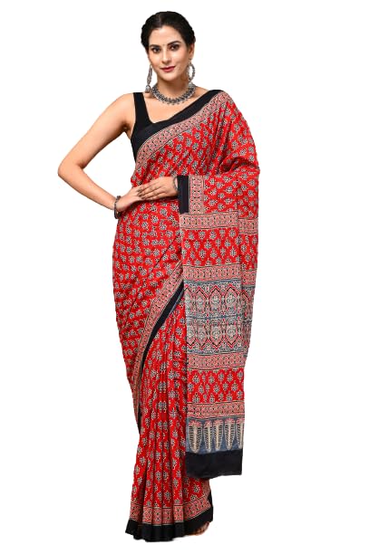 Jaipuria Hand Block Printed Pure Cotton Saree For Women With Unstitched Blouse Piece
