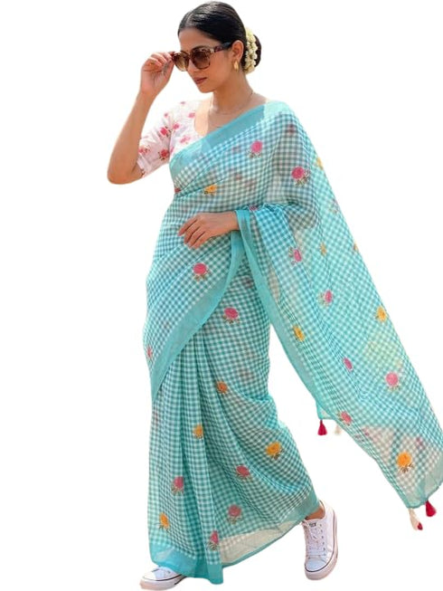 Vasthrlay Checked Pattern Tassels Unstitched