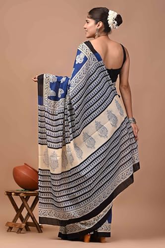 Vasthrlay Moda Hand Block Ajrakh Print Cotton Blue Saree With Blouse