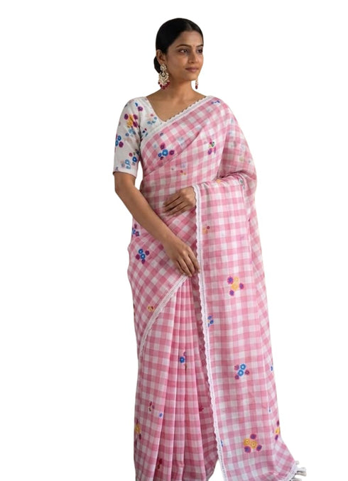 Vasthrlay Checks Floral Tassel Lightweight