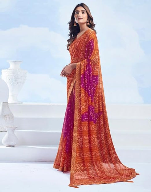Vasthrlay Bandhani Printed Chiffon Orange Saree