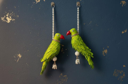 Parrot Hanging Ornament with Pearl Chain | Decorative Green Parrot Latkan with Red Beak