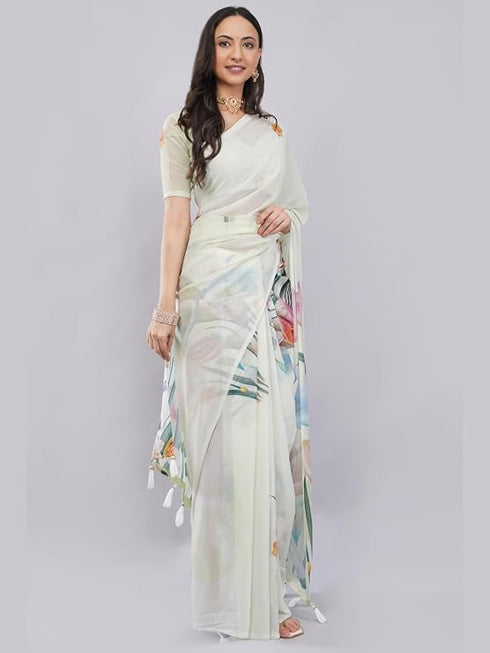 Vasthrlay Off White2 Floral Printed Gerogette Saree With Zari Pallu And Unstitched Blouse Piece