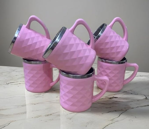 Stainless Steel Tea Cups with Diamond Pattern, 200 ml, Set of 6