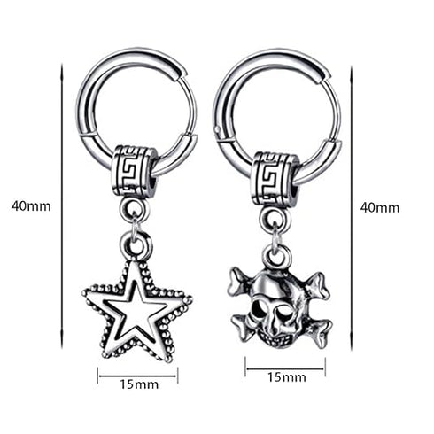 M Men Style Men Star Dangle Hoop Studs With Gothic Skeleton Head Dangle