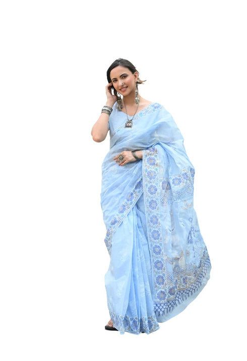 Vasthrlay Cotton Printed Mulmul Blue Saree