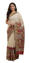 Vasthrlay Kalamkari Printed Beige Saree with Border Cotton-Linen Blend Traditional Folk Art Motifs