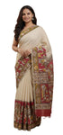 Vasthrlay Kalamkari Printed Beige Saree with Border Cotton-Linen Blend Traditional Folk Art Motifs